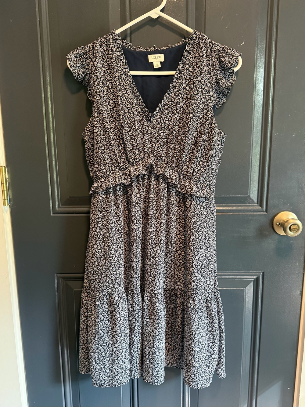 J. crew Factory Navy & White V Neck Floral Ruffle Dress